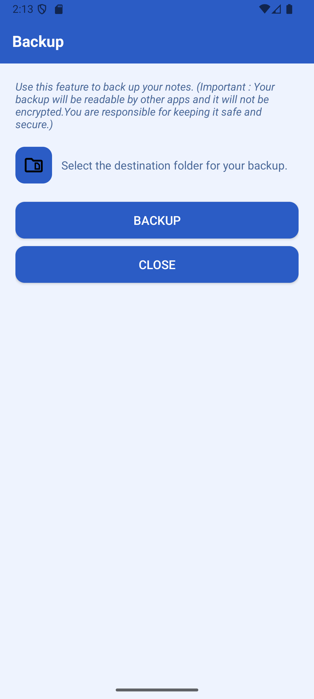 Notable backup screen