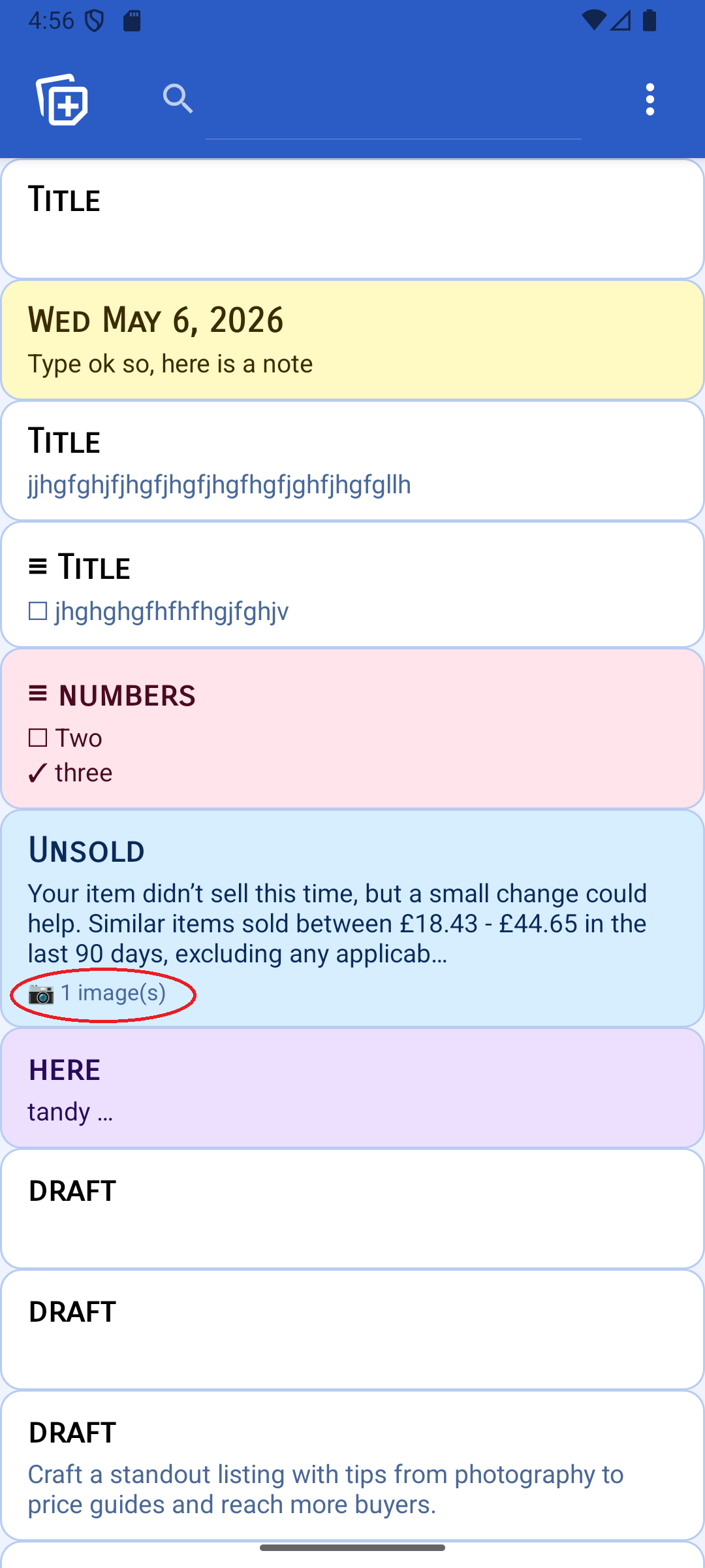 Notes list highlighting the image count indicator on a note