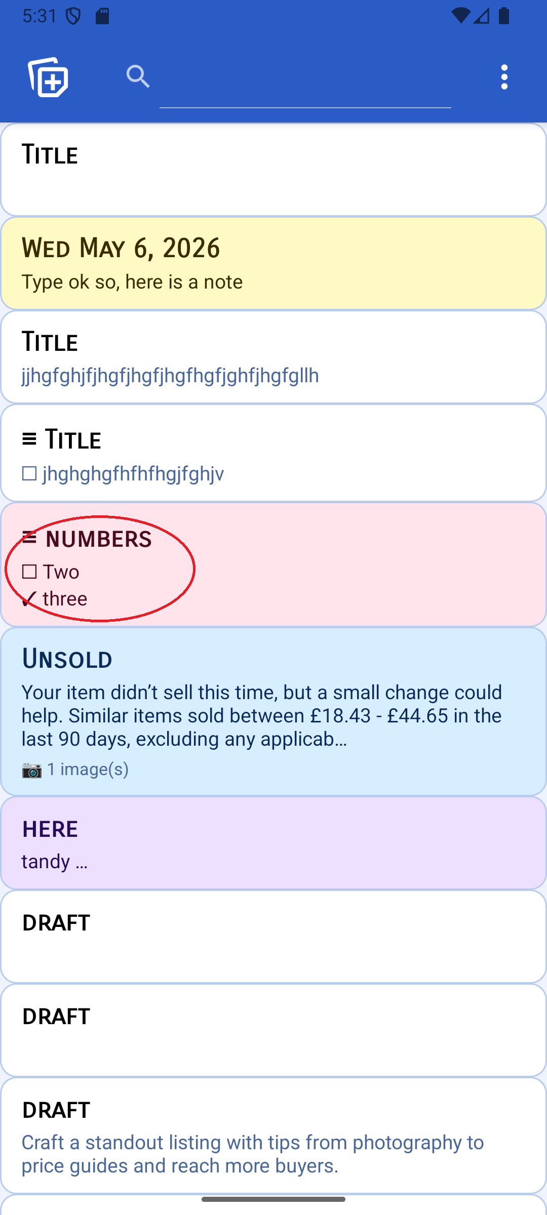 Notes list highlighting a list-type note