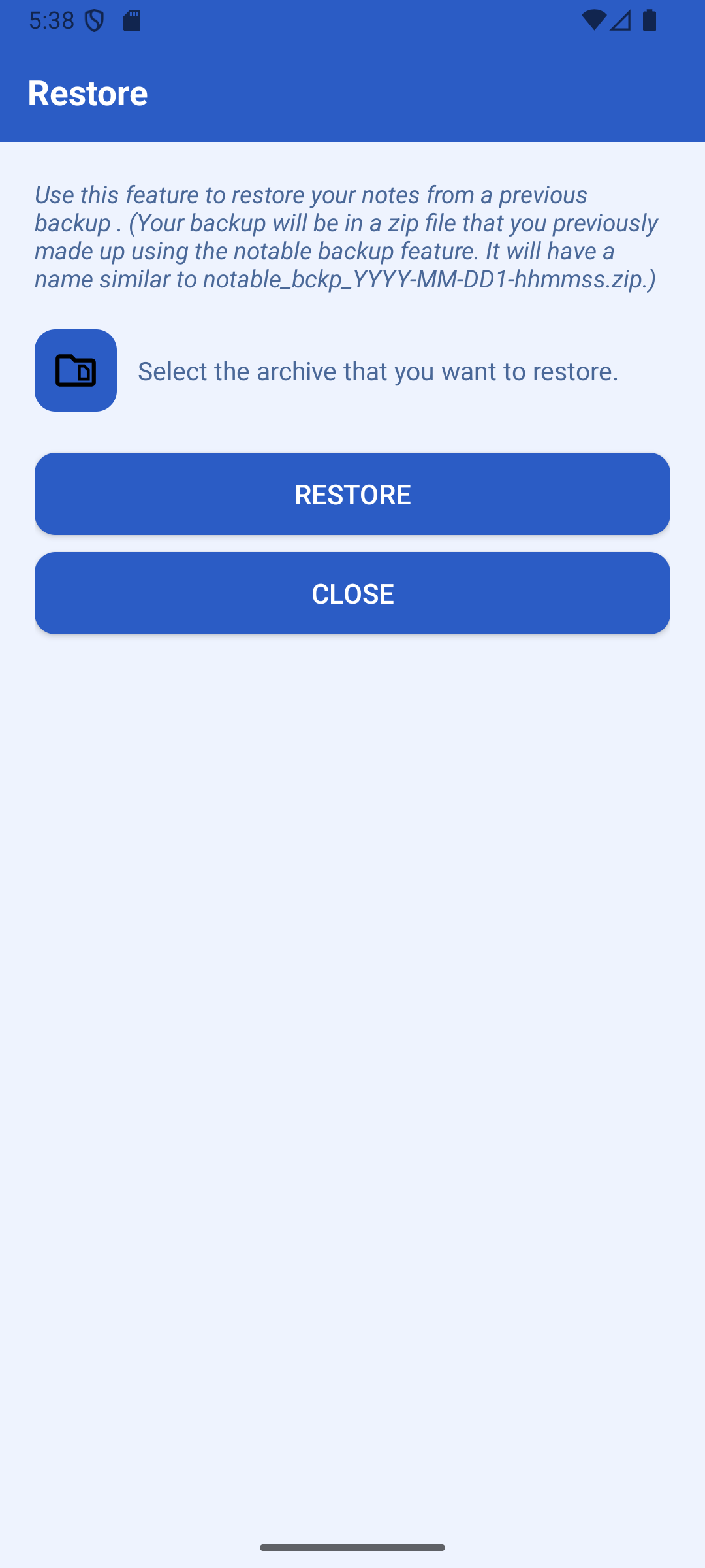 Notable restore screen